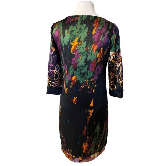 Elie Tahari Dress Black Floral XS Extra Small 0 2 4 3/4 Long Sleeve Stretch Silk - Picture 2 of 11